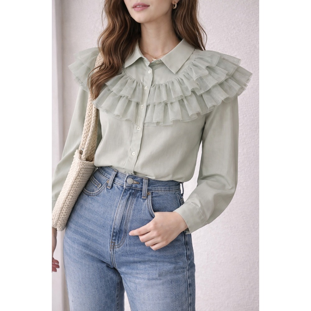 Pistachio Romantic Ruffle Bib Blouse Cottagecore Grandmacore Victorian Style Top
